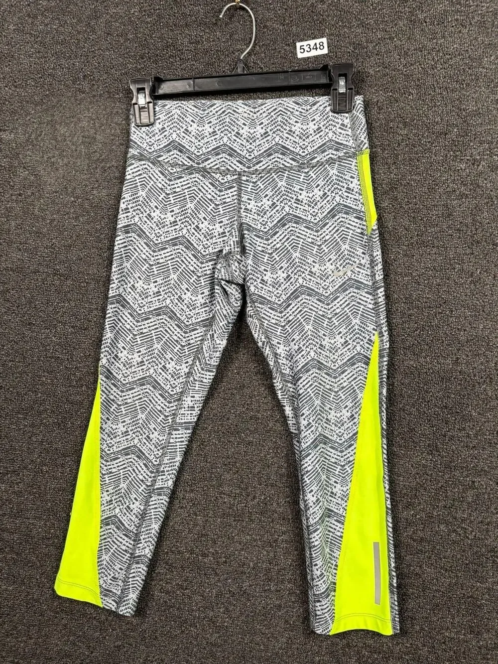 Nike Capri Pants Womens XS Gray Neon Yellow Dri-FIT Running Leggings 659993-017
